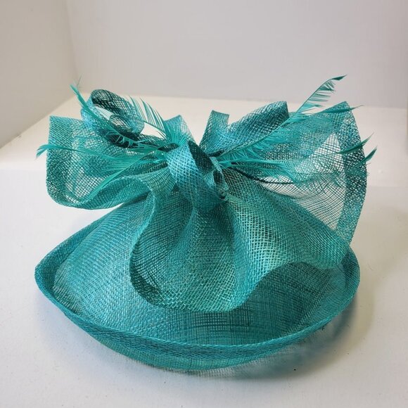 Teal Blue Fascinator with an Upturned Brim Sinamay Loops Rosettes and Feathers - Picture 8 of 16